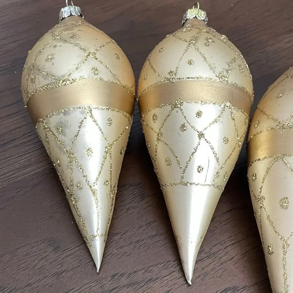 Hand Blown Gold Fluted Ornaments Glitter Lot of 6 Vtg Large Teardrop READ